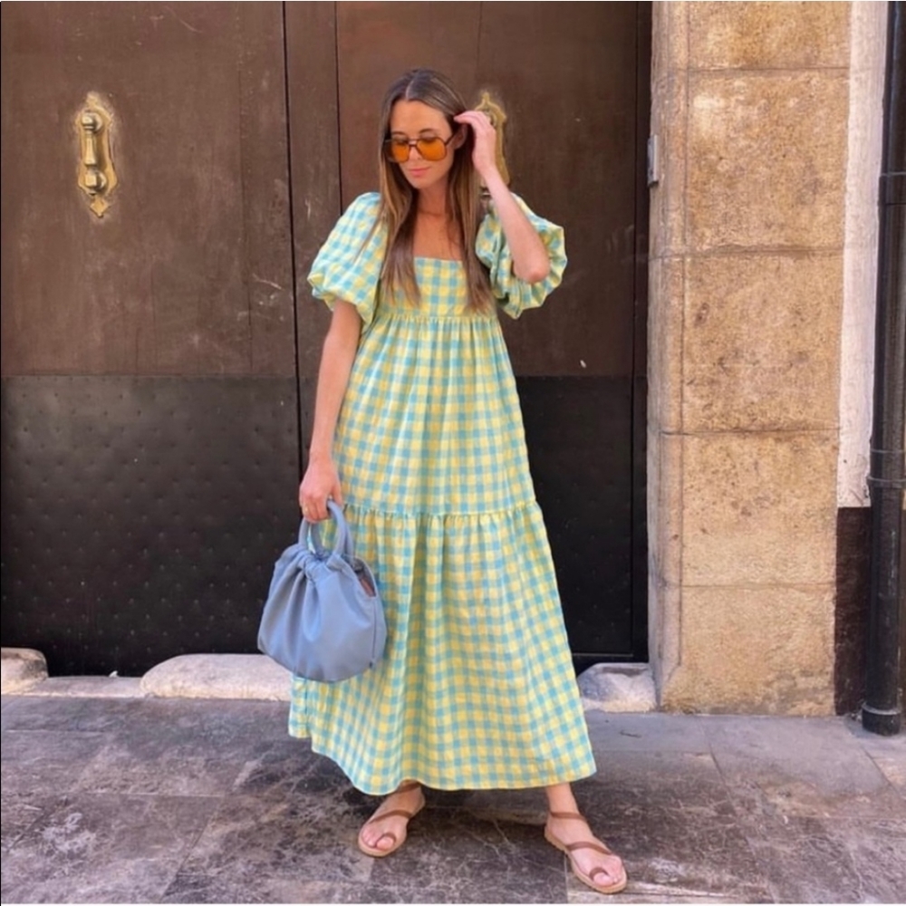 ZARA Plaid Print Gingham Checked Maxi Dress Size M
